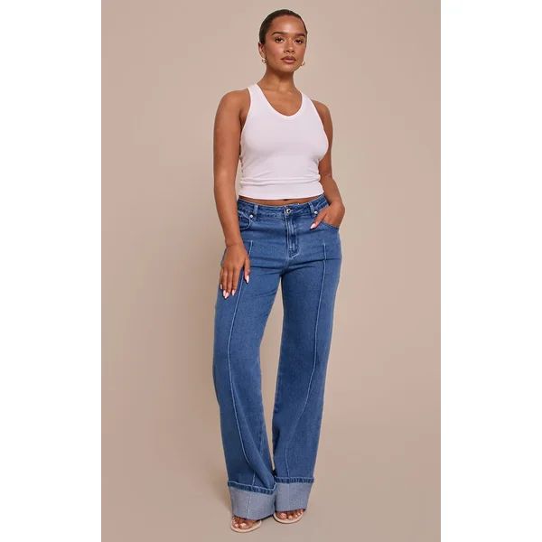 Bleu Foncé Jean Large Taille Haute En Denim Stretch Avec Pinces Et Ourlet Retroussé Shape