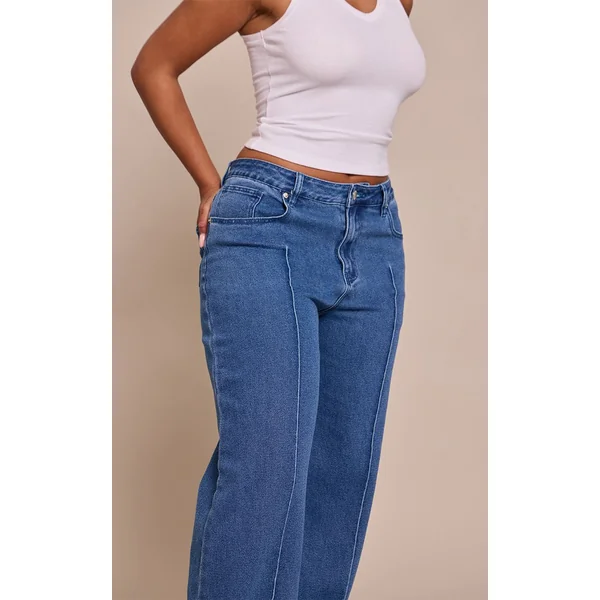 Bleu Foncé Jean Large Taille Haute En Denim Stretch Avec Pinces Et Ourlet Retroussé Shape