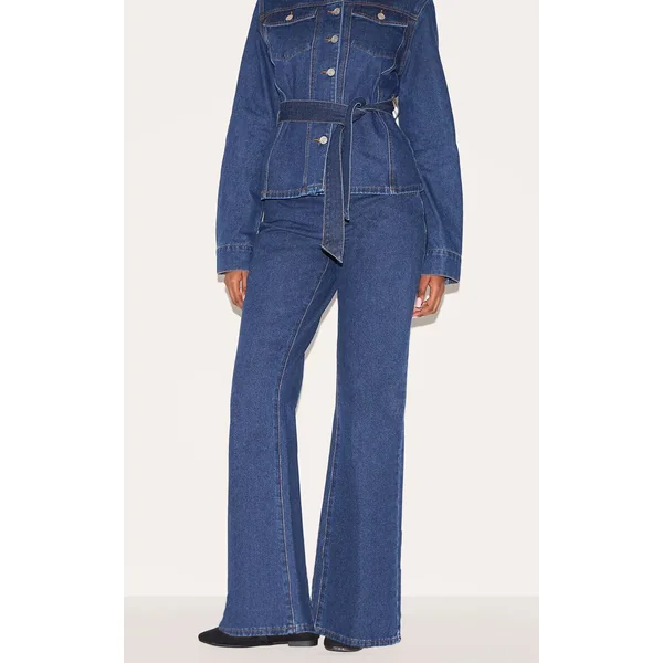 Bleu Foncé Jean Évasé Taille Mi-haute À Coutures Contrastées
