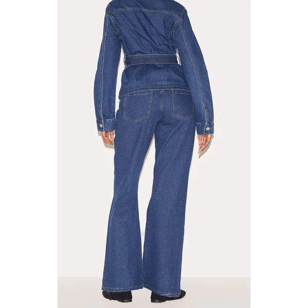 Bleu Foncé Jean Évasé Taille Mi-haute À Coutures Contrastées