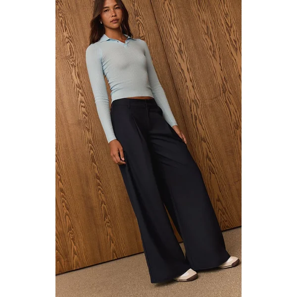 Bleu Foncé Pantalon Large Tissé À Double Pli