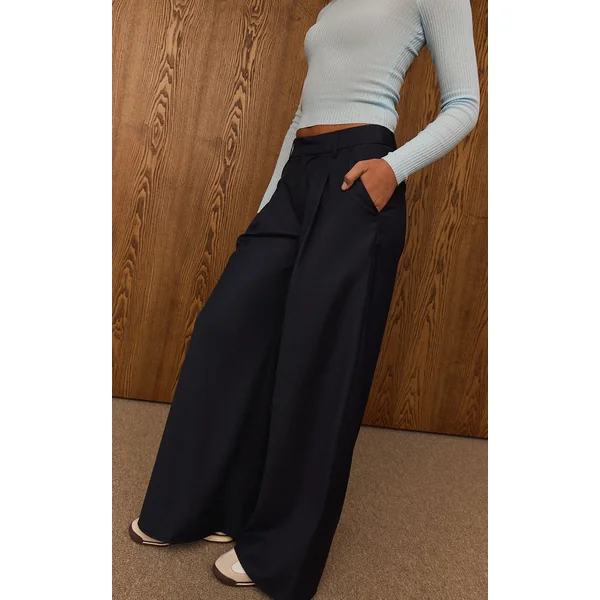 Bleu Foncé Pantalon Large Tissé À Double Pli