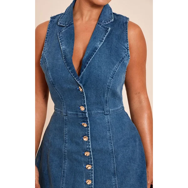 Bleu Foncé Robe Mini En Denim Stretch Ajustée À Col Avec Boutonnage Devant