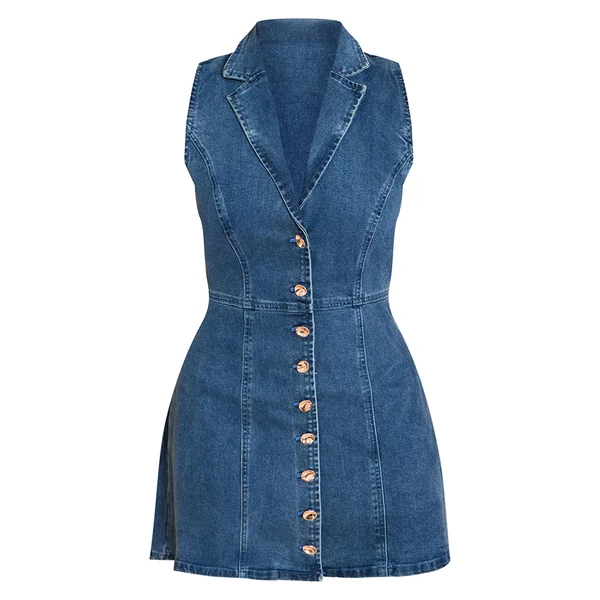 Bleu Foncé Robe Mini En Denim Stretch Ajustée À Col Avec Boutonnage Devant