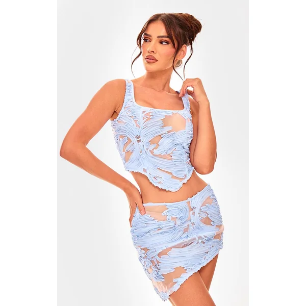 Bleu Jupe Courte Asymétrique En Mousseline Texturée Assortie
