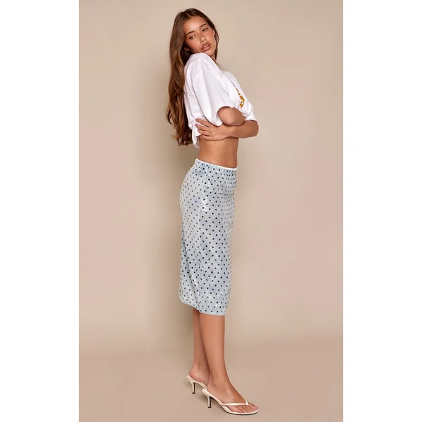 Bleu Jupe Midaxi À Pois Avec Détails De Dentelle Et Sequins