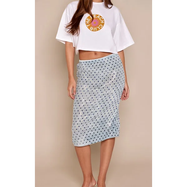 Bleu Jupe Midaxi À Pois Avec Détails De Dentelle Et Sequins