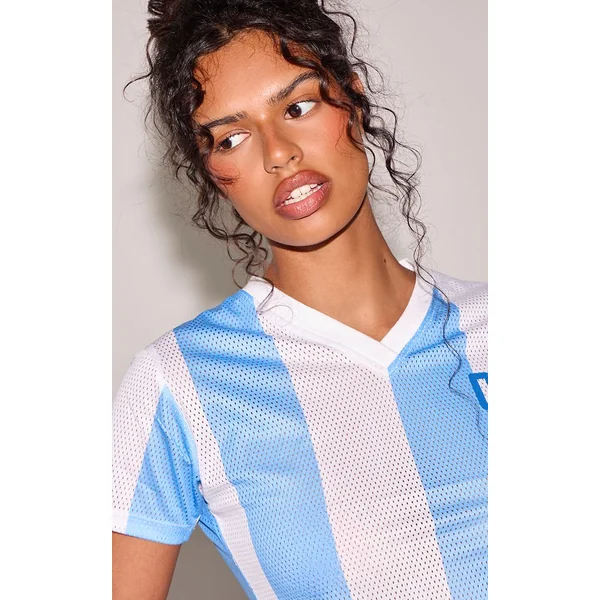 Bleu Maillot De Football Rayé À Manches Courtes