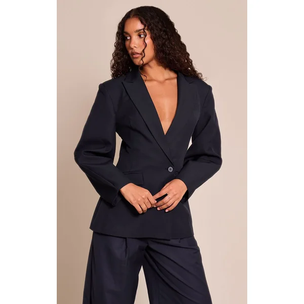 Bleu Marine Blazer À Manches Cocon Et Détail Asymétrique