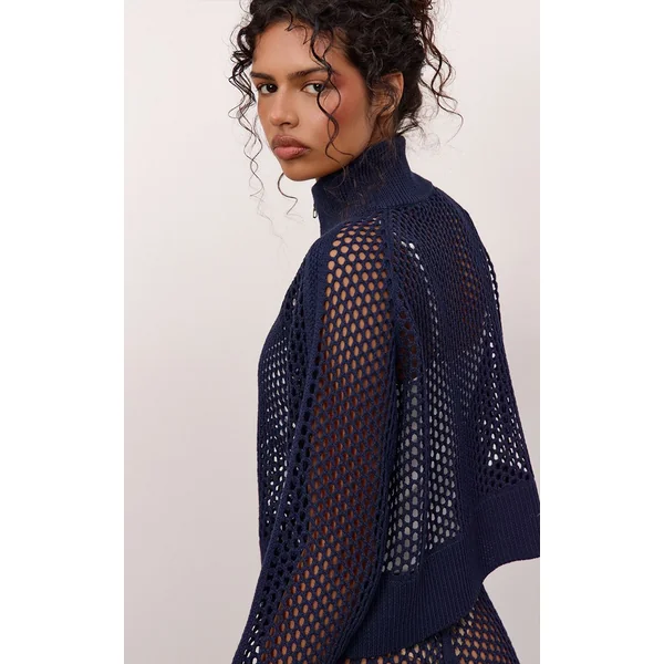 Bleu Marine Cardigan De Jogging En Maille Crochet Avec Détails Rayés