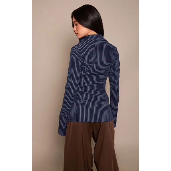 Bleu Marine Chemise Cintrée Tissée À Fines Rayures
