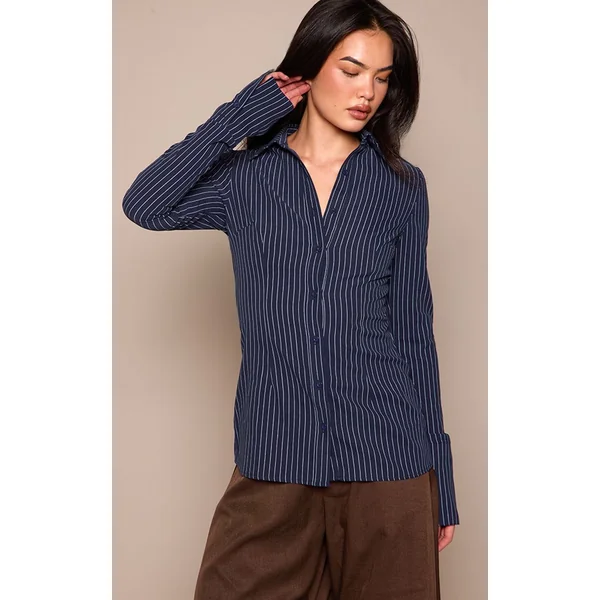 Bleu Marine Chemise Cintrée Tissée À Fines Rayures