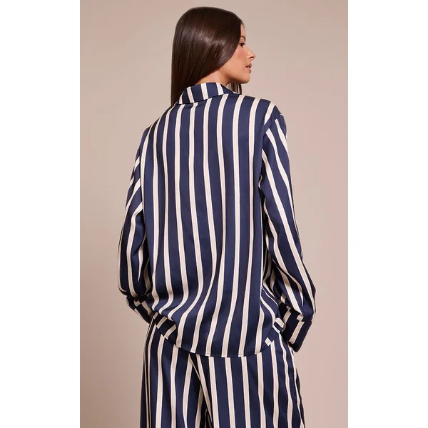 Bleu Marine Chemise Satinée À Fines Rayures