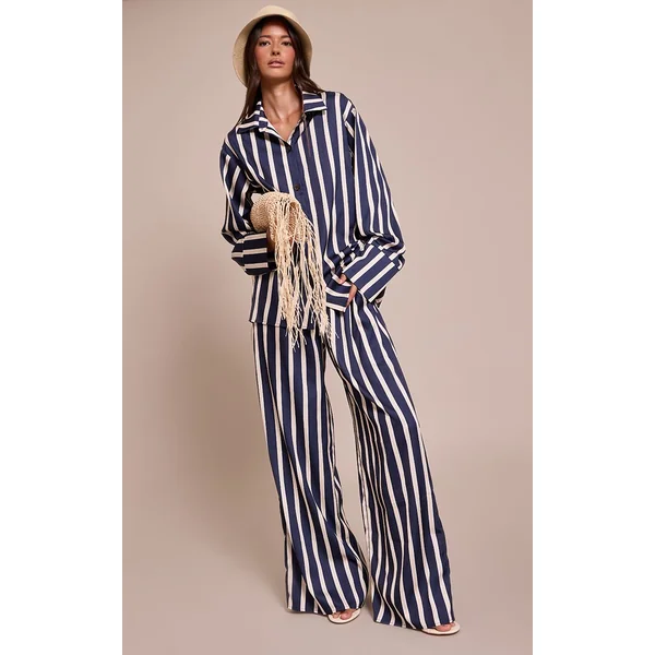 Bleu Marine Chemise Satinée À Fines Rayures