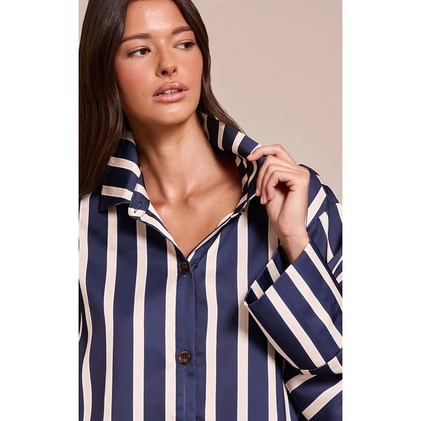 Bleu Marine Chemise Satinée À Fines Rayures