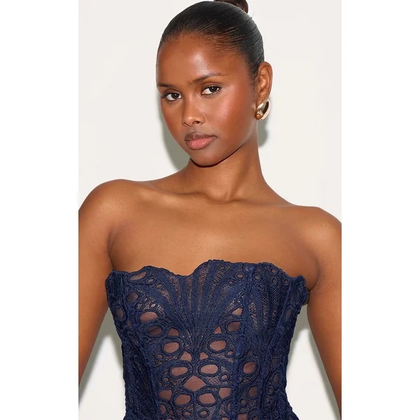 Bleu Marine Corset En Dentelle Florale Transparente Texturée