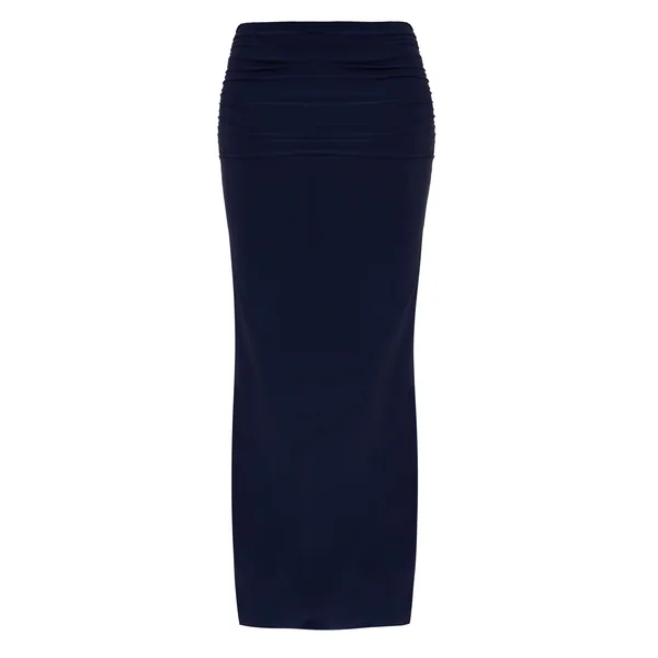 Bleu Marine Jupe Longue Maxi Taille Froncée Double Couche En Tissu Slinky