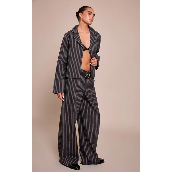 Bleu Marine Pantalon Droit Tailleur À Fines Rayures Sombres