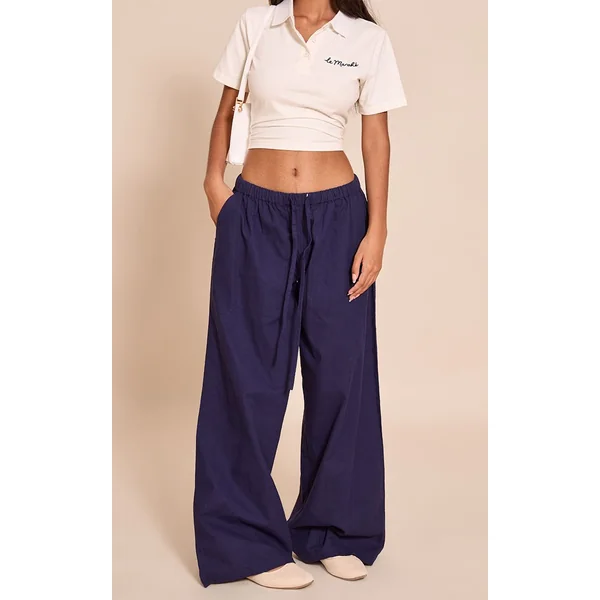 Bleu Marine Pantalon Petite En Lin Avec Taille À Cordon Coulissant