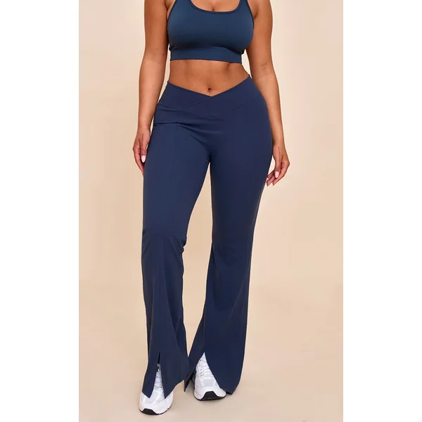 Bleu Marine Pantalon Évasé À Taille En V Et Fente Frontale Shape Sculpt Active