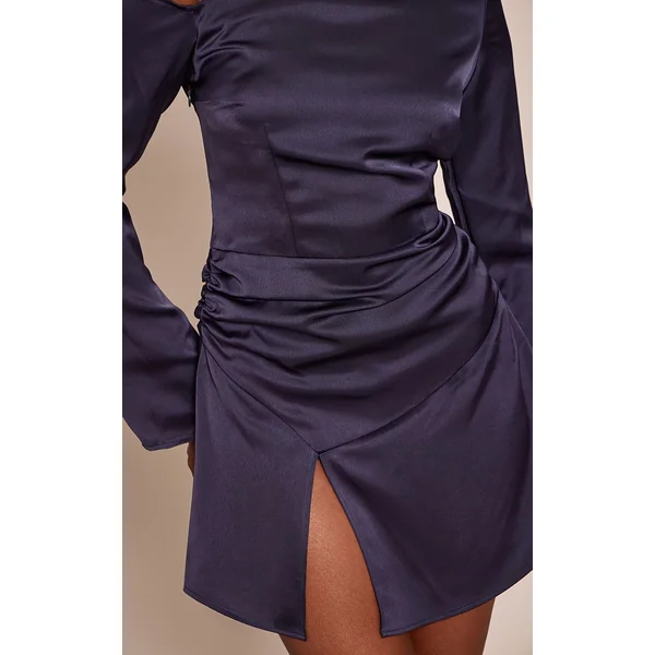 Bleu Marine Robe Droite Courte Asymétrique En Satin À Manche Longue