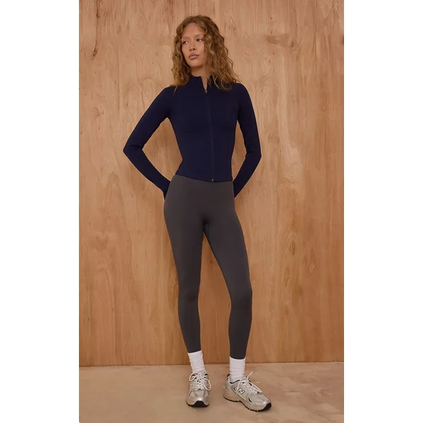 Bleu Marine Veste De Sport Zippée Sable Avec Détails De Coutures Sculptées