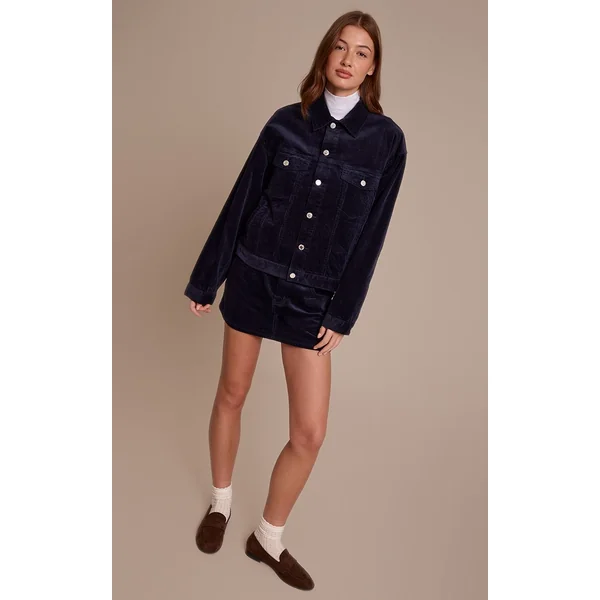 Bleu Marine Veste En Velours Côtelé Coupe Boxy Classique
