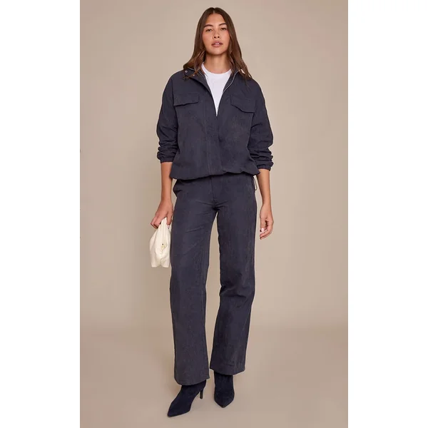 Bleu Marine Veste Zippée Col Montant Effet Peau De Pêche