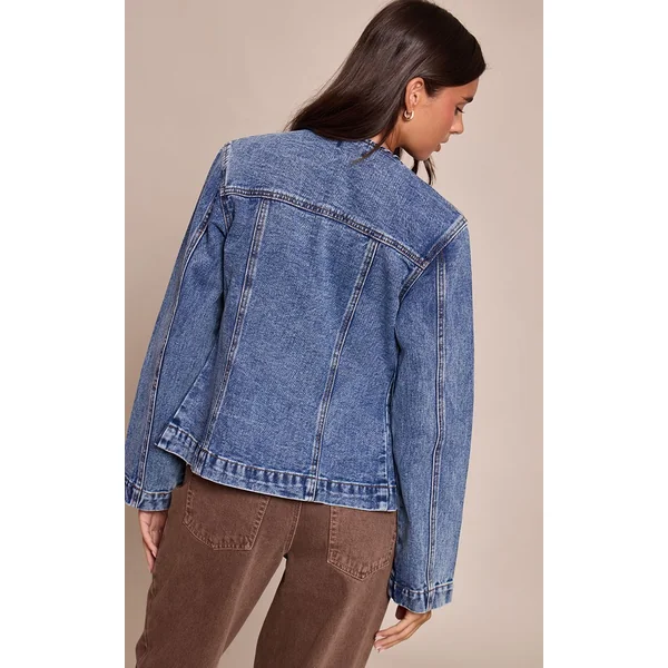Bleu Moyen Délavé Chemise En Denim Sans Col À Boutonnage Asymétrique