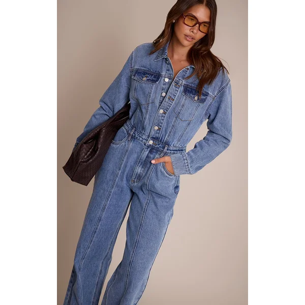 Bleu Moyen Délavé Combinaison En Denim À Manches Longues Avec Surpiqûres Contrastantes