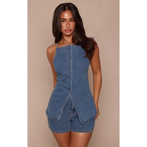 Bleu Moyen Délavé Haut En Denim Ajusté À Encolure Carrée En Denim Stretch Bleu Moyen Petite