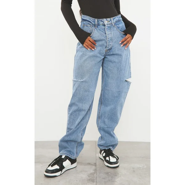 Bleu Moyen Délavé Jean Boyfriend Ample Délavage Moyen Avec Fente À La Cuisse