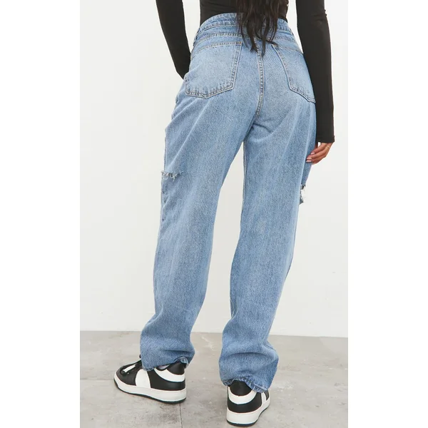 Bleu Moyen Délavé Jean Boyfriend Ample Délavage Moyen Avec Fente À La Cuisse