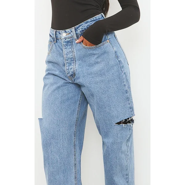 Bleu Moyen Délavé Jean Boyfriend Ample Délavage Moyen Avec Fente À La Cuisse