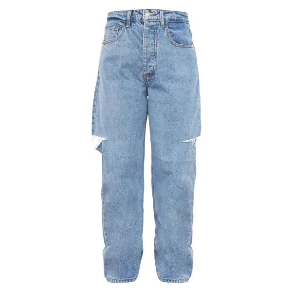 Bleu Moyen Délavé Jean Boyfriend Ample Délavage Moyen Avec Fente À La Cuisse