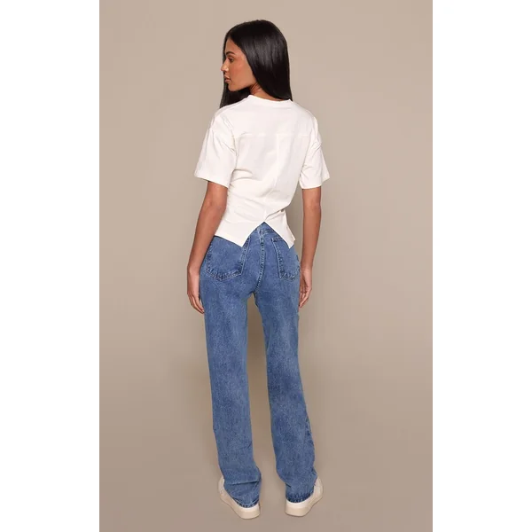 Bleu Moyen Délavé Jean Droit Taille Haute Pour Grandes Tailles