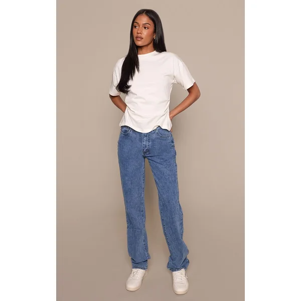 Bleu Moyen Délavé Jean Droit Taille Haute Pour Grandes Tailles