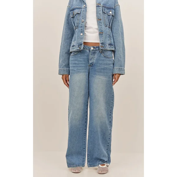 Bleu Moyen Délavé Jean Droit À Taille Échancrée