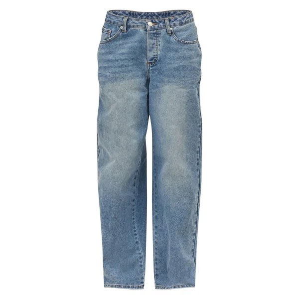 Bleu Moyen Délavé Jean Droit À Taille Échancrée