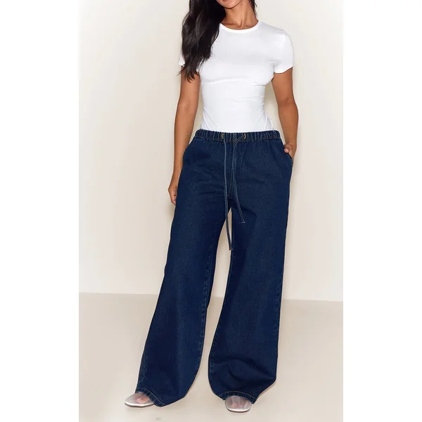 Bleu Moyen Délavé Jean Large Taille Haute Élastiquée Avec Lien En Denim Petite