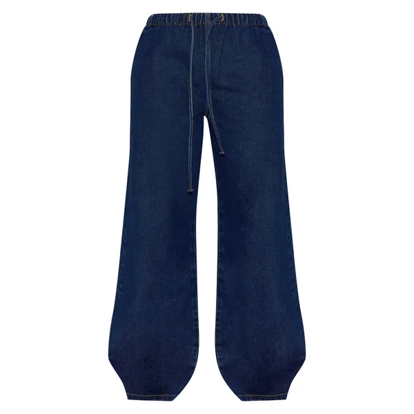 Bleu Moyen Délavé Jean Large Taille Haute Élastiquée Avec Lien En Denim Petite