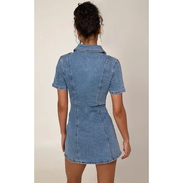 Bleu Moyen Délavé Robe Mini En Jean À Manches Courtes Avec Détails De Coutures Et Boutonnage