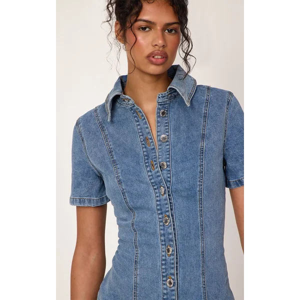 Bleu Moyen Délavé Robe Mini En Jean À Manches Courtes Avec Détails De Coutures Et Boutonnage