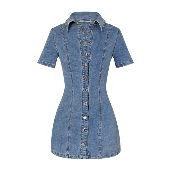 Bleu Moyen Délavé Robe Mini En Jean À Manches Courtes Avec Détails De Coutures Et Boutonnage
