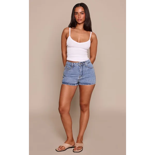 Bleu Moyen Délavé Short Basique Taille Haute Petite