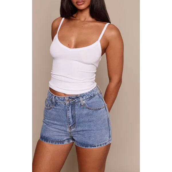 Bleu Moyen Délavé Short Basique Taille Haute Petite