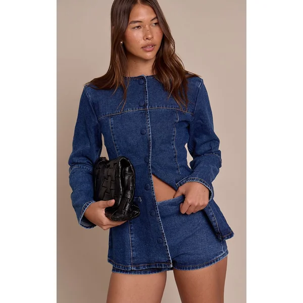 Bleu Moyen Délavé Short En Jean Taille Haute Bleu Moyen