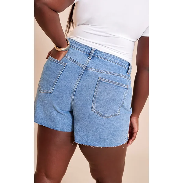 Bleu Moyen Délavé Short En Jean À Ourlet Brut Grande Taille