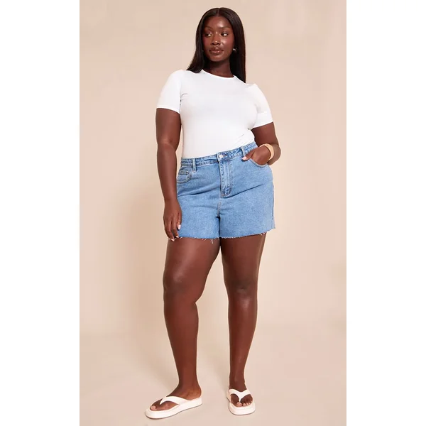 Bleu Moyen Délavé Short En Jean À Ourlet Brut Grande Taille