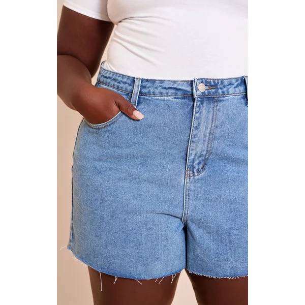 Bleu Moyen Délavé Short En Jean À Ourlet Brut Grande Taille